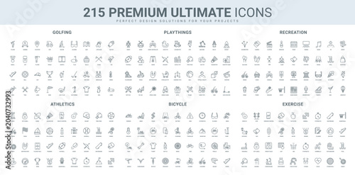 Golfing game, bicycle, recreation activity and leisure, sport exercise line icon set. Athlete and golf player, champion and tournament, toys for child thin black outline symbols vector illustration