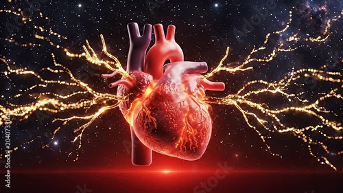 Vibrant Red Human Heart Pulsating with Glowing Orange Energy Against a Starry Dark Background with Bright Red Light Below
