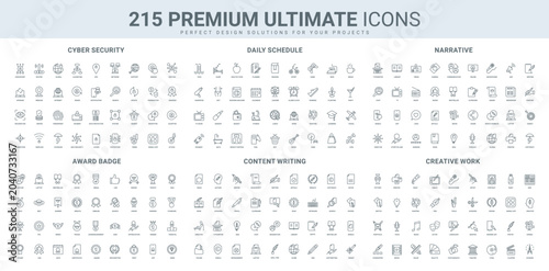Cyber security protection and data encryption, artist tools to create content, award line icon set. Network privacy, medal and trophy, podium for winner thin black outline symbols vector illustration
