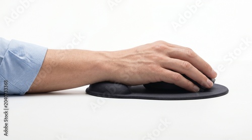 Close-up of a right hand and mouse on a wrist rest for computer use