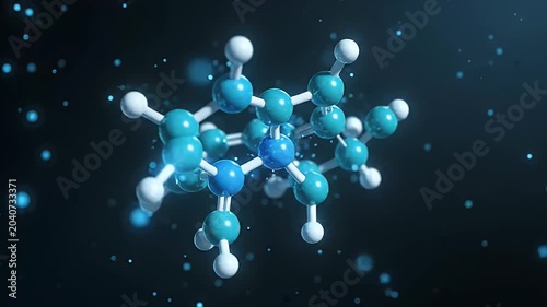 Abstract Caffeine Molecule Structure Rotating in Dark Blue Digital Space with Light Particles Floating Around