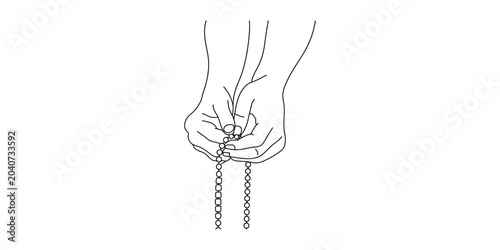 Photography Hands holding prayer beads, simple line drawing, spiritual concept