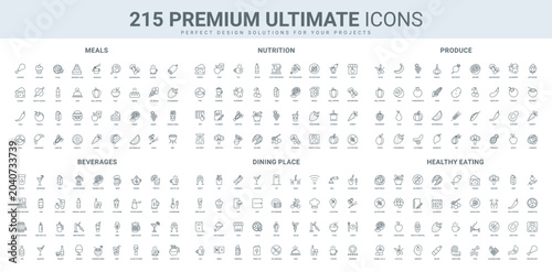 Photos Healthy food cooking and planning, nutrition and beverage, agriculture harvest line icon set