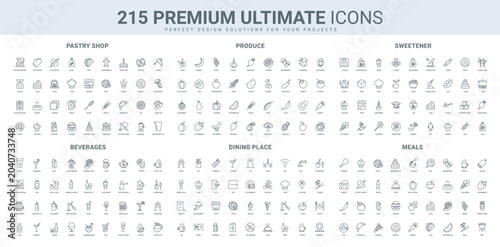 Pastry shop and sweets, drinks menu, sweetener and sugar, agricultural products line icon set. Catering service for dining, lunch and breakfast cooking thin black outline symbols vector illustration