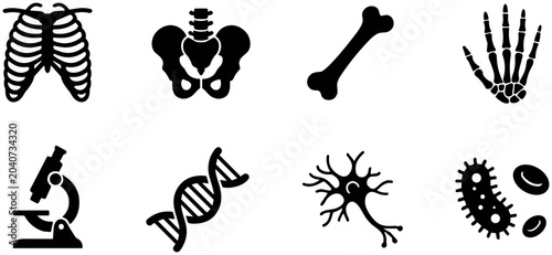Foto Set of black medical and biological research icons.