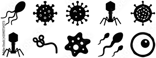 Canvastavla Set of ten black silhouette icons of microorganisms viruses bacteria and cells