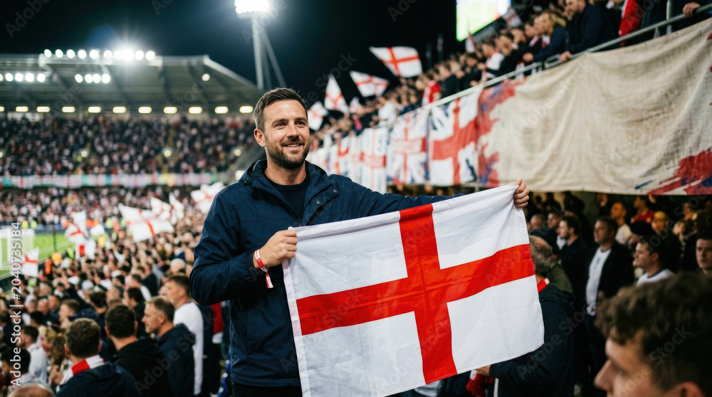 Fototapeta premium England football supporter holding flag in stadium crowd