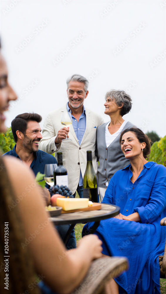 Obraz premium Adult daughter and her partner sharing a hilarious anecdote with her parents during a casual wine country reunion.