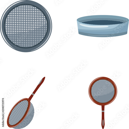 Kitchen tools showing various sieves and strainers used for filtering and separating ingredients