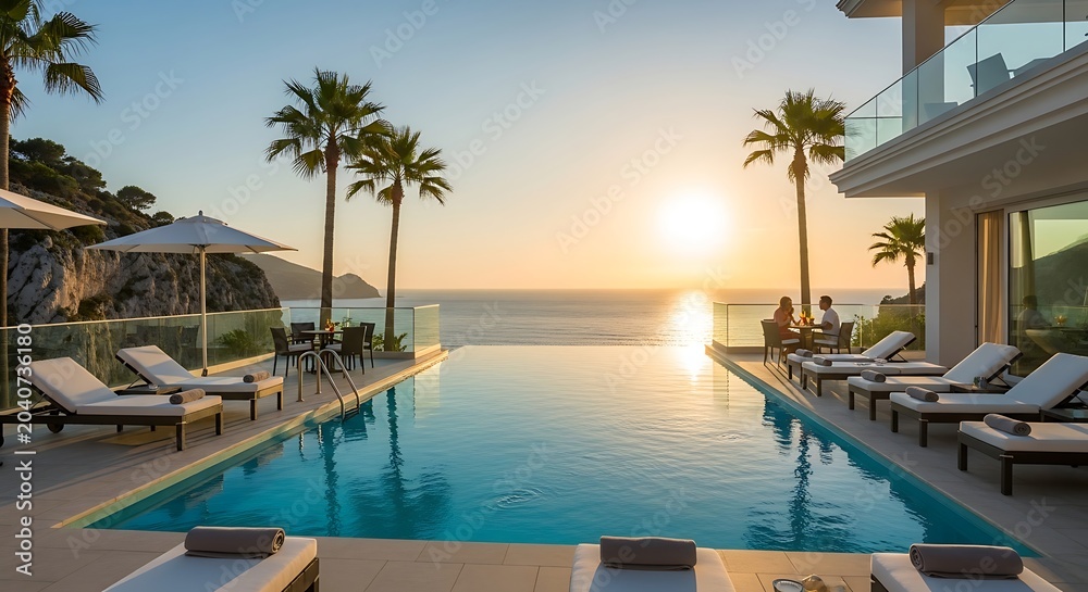 Fototapeta premium Couple dining at sunset by a luxury infinity pool overlooking the sea