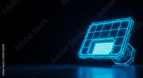 A detailed 3D rendering of a solar panel with a glowing blue LED grid, set against a dark background.