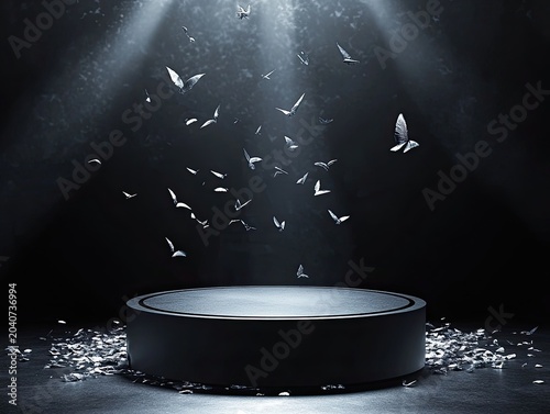 A black circular pedestal is centered on the floor with broken fragments scattered around and white leaves floating in the light beams