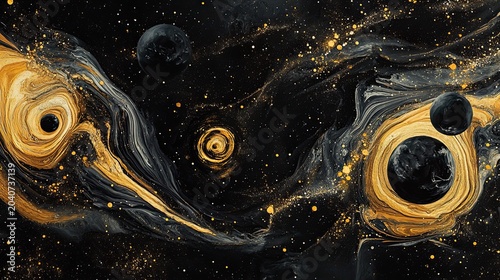 A stunning cosmic composition showcasing swirling black and gold liquid marble patterns with glowing orbs, reminiscent of deep space
