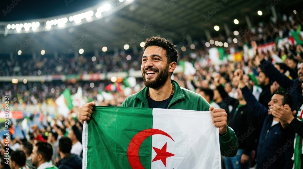Obraz premium Algerian football fan celebrating with national flag in stadium crowd