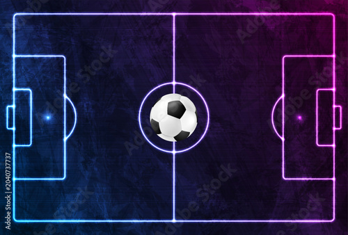 Abstract vector football sports background with soccer ball on dark textured grunge pitch with glowing blue and purple neon tactical lines from a top view