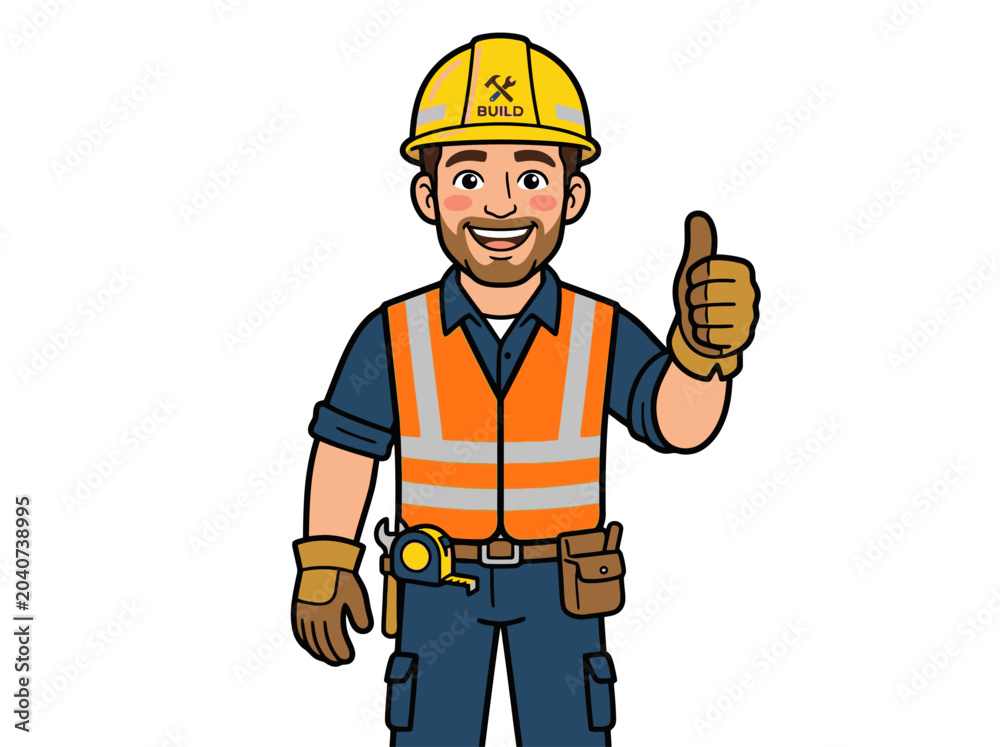 Fototapeta premium Smiling construction worker wearing hard hat and safety vest on white