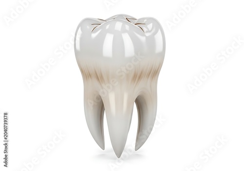 Realistic 3D rendering of a human molar tooth with visible root and slight discoloration on a white background