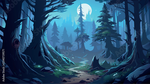 Fotografie Mystical enchanted forest at night with a bright full moon and ancient trees, ve