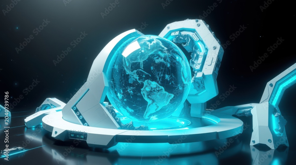 Obraz premium Futuristic display showcases glowing Earth within protective sphere. Bright cyan illumination highlights complex metallic structure. Dark background emphasizes technology.
