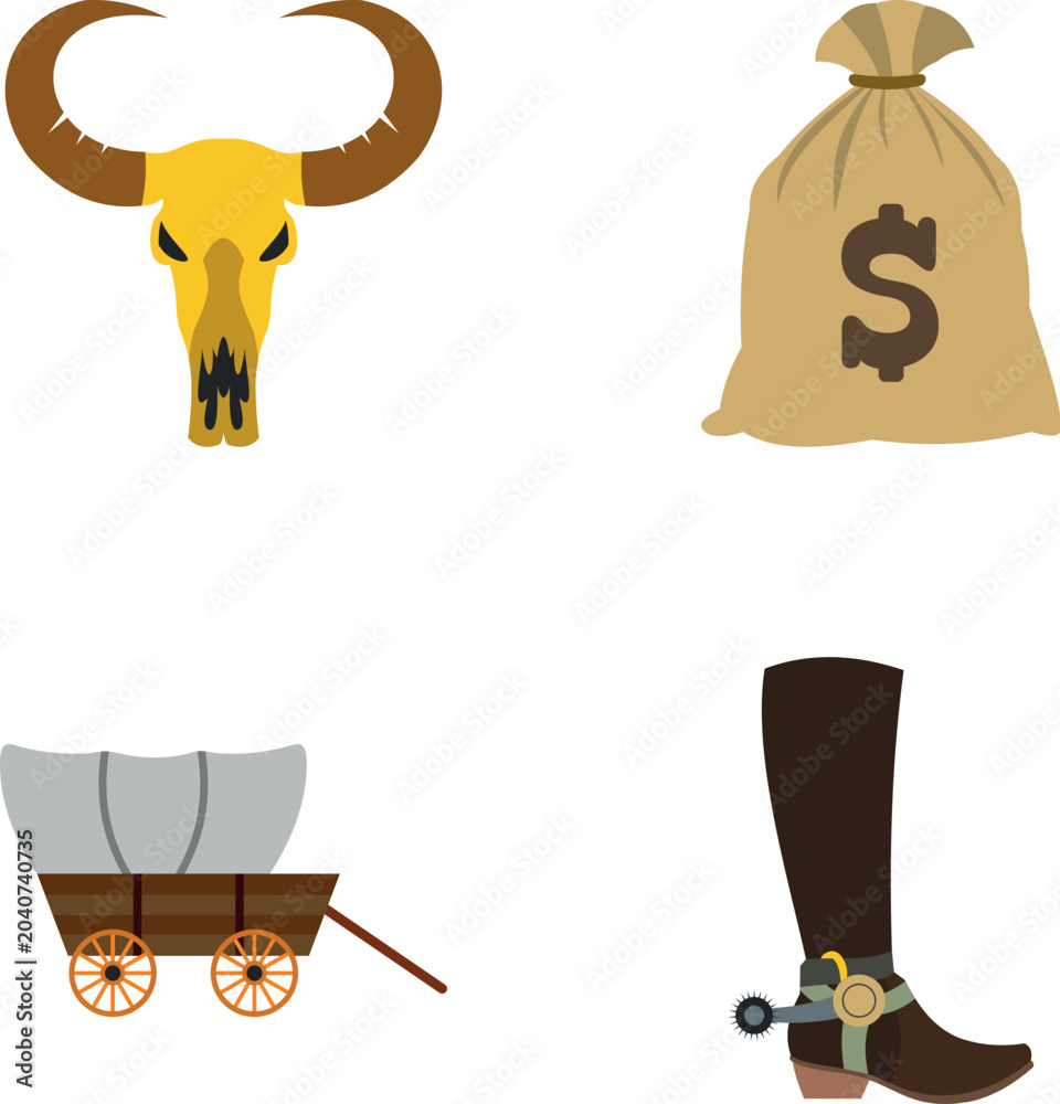 Fototapeta premium Wild west icons depicting a bull skull, money bag, covered wagon, and cowboy boot