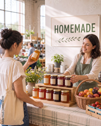 Homemade preserves seller offering jars to customer at local market