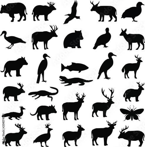 Canvas Print Vector Set of Black Wild Animals Silhouettes Deer Bear Moose Eagle Crocodile But