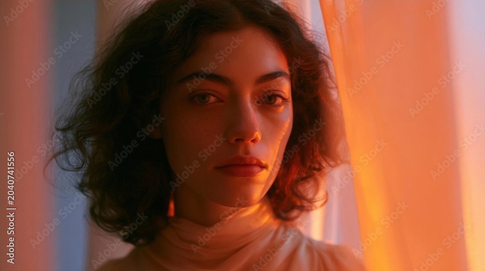 Fototapeta premium Portrait of a young woman with shoulder-length curly hair. she is looking directly at the camera with a serious expression on her face.