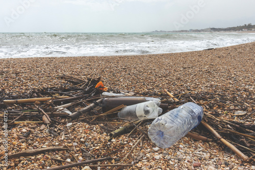 Plastic waste abandoned on a shore