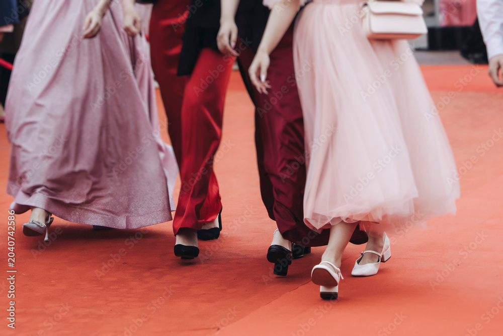 Naklejka premium Red carpet on a movie premiere, cinema film festival event, ropes and golden barriers on a luxury party entrance, awards gala ceremony, wealthy rich guests arriving, outdoor venue decoration elements