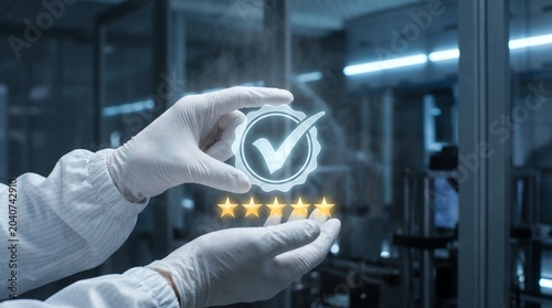 Professional Laboratory Technician Holding a Glowing Quality Assurance Seal Representing Excellence and Industrial Standards
