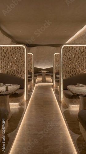 Mycelium Restaurant Interior With Biomaterial Partitions And Soft Glow