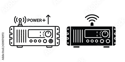 Wireless amplifier icon with power indicator and signal strength symbol on white background