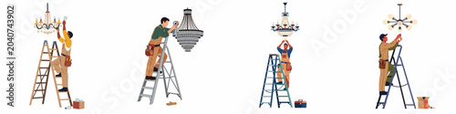 Professional Electricians and Handymen Installing, Cleaning, and Repairing Various Chandeliers on Ladders, Set of Flat Vector Illustrations