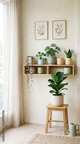 A living room with a shelf with potted plants on it