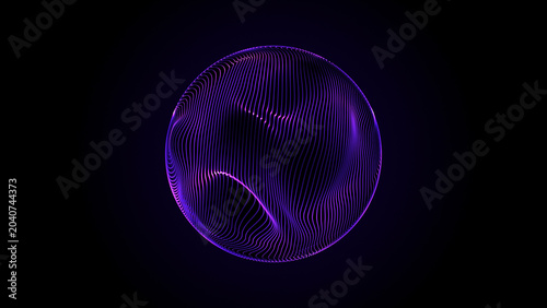 Photography Abstract purple wireframe sphere formed by flowing neon lines on black background