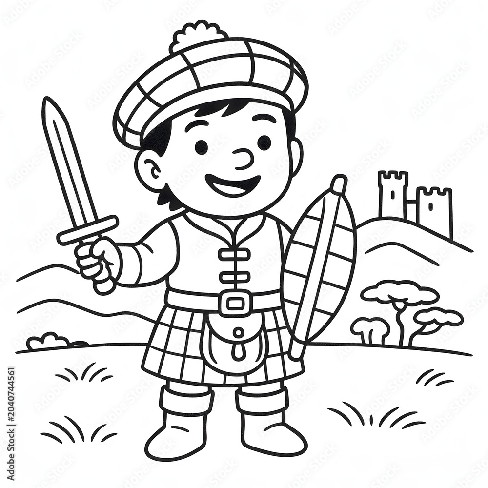 Obraz premium Cartoon Scottish Child with Castle Line Art