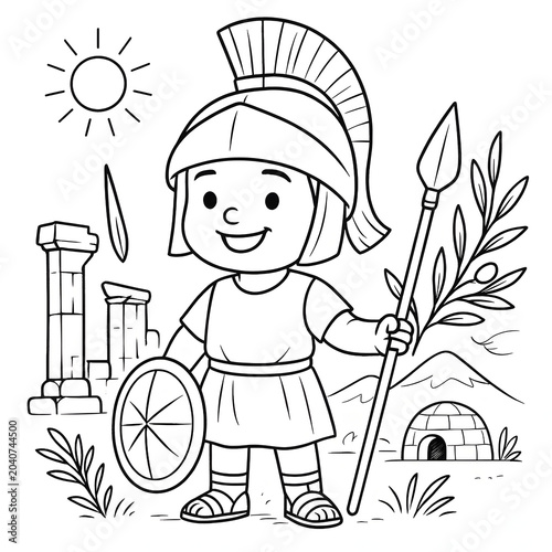 Cartoon Roman Soldier with Ruins Line Art