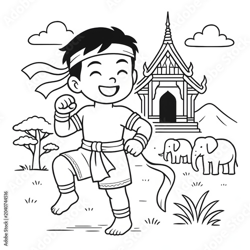 Cartoon Muay Thai Child with Temple Line Art