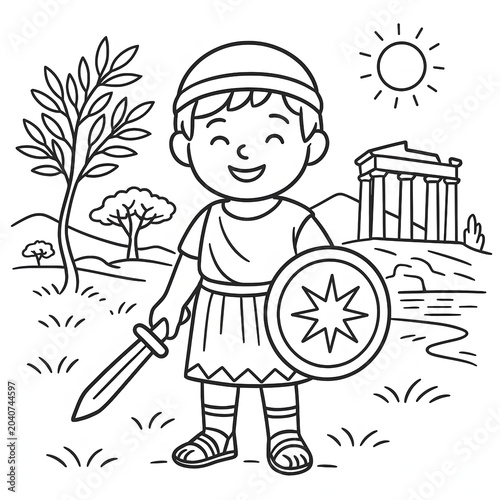 Cartoon Greek Warrior Child with Temple Line Art