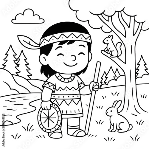 Cartoon Child with Drum and Animals in Countryside Line Art