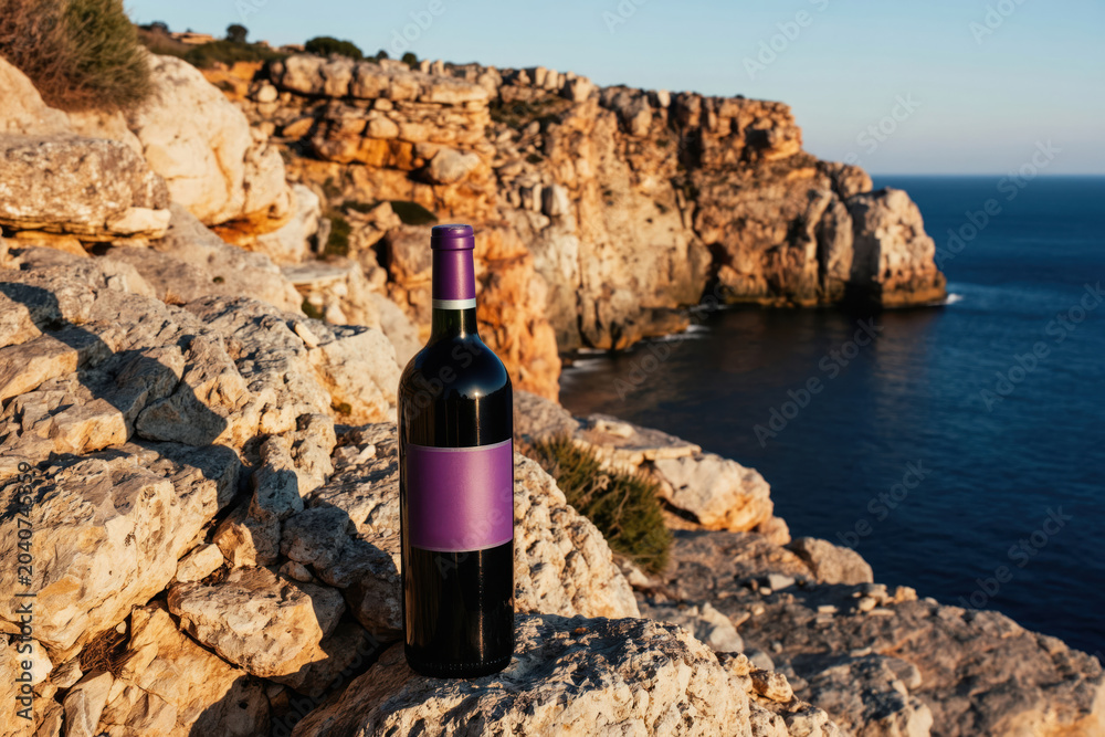 Fototapeta premium Bottle of red wine rests on rocky shore overlooking deep blue ocean. Cliffs rise behind, bathed in warm sunlight, suggesting a perfect vacation drink.
