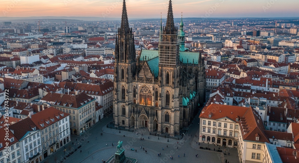 Obraz premium Aerial view of St. Vitus Cathedral in Prague at sunset gothic architecture