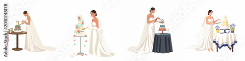 Foto Set of vector illustrations of brides in elegant wedding dresses cutting multi-tiered wedding cakes at reception