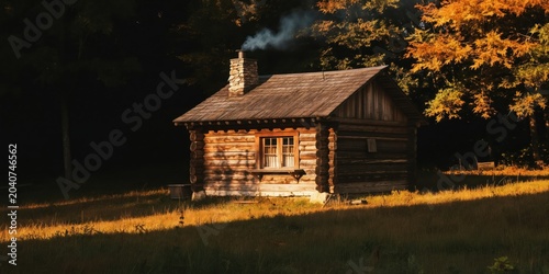 Secluded log cabin with chimney smoke rests in sunlit autumn woodland. Rustic wooden house offers peaceful countryside retreat, nature escape. Cozy dwelling surrounded by trees.