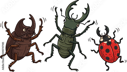 Cuadro en lienzo Funny Cartoon Beetle Trio Dancing with Brown Rhinoceros Beetle, Green Stag Beetl