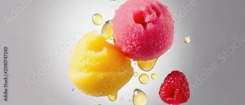 Colorful scoops of frozen dessert fresh ingredients on abstract background