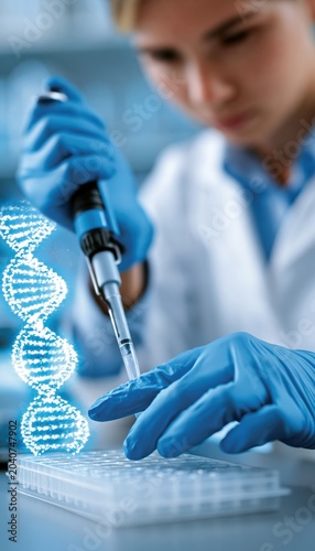 Scientist pipetting in genomics laboratory with holographic DNA strand