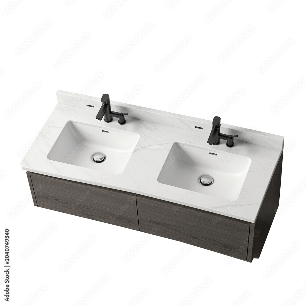 Fototapeta premium Modern double bathroom vanity with white marble countertop and black faucets isolated.