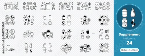 Supplement icons, vitamin symbols, nutrition signs, 24 elements, black and white