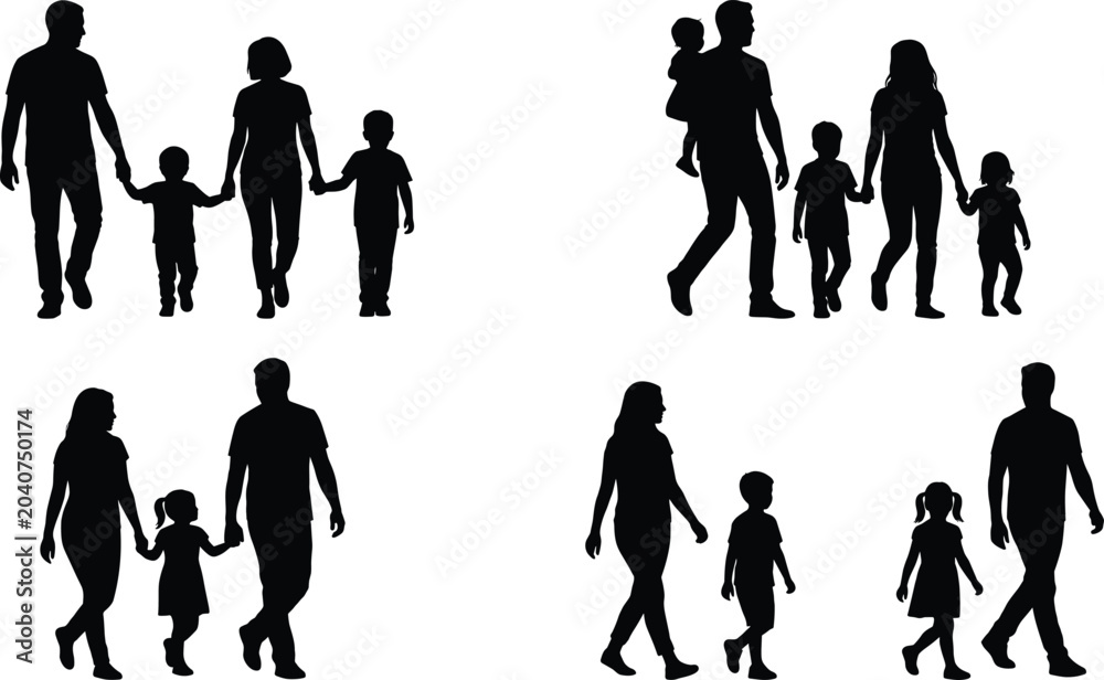 Obraz premium Family Walking Silhouette Collection with Parents and Children Isolated People Vector Set